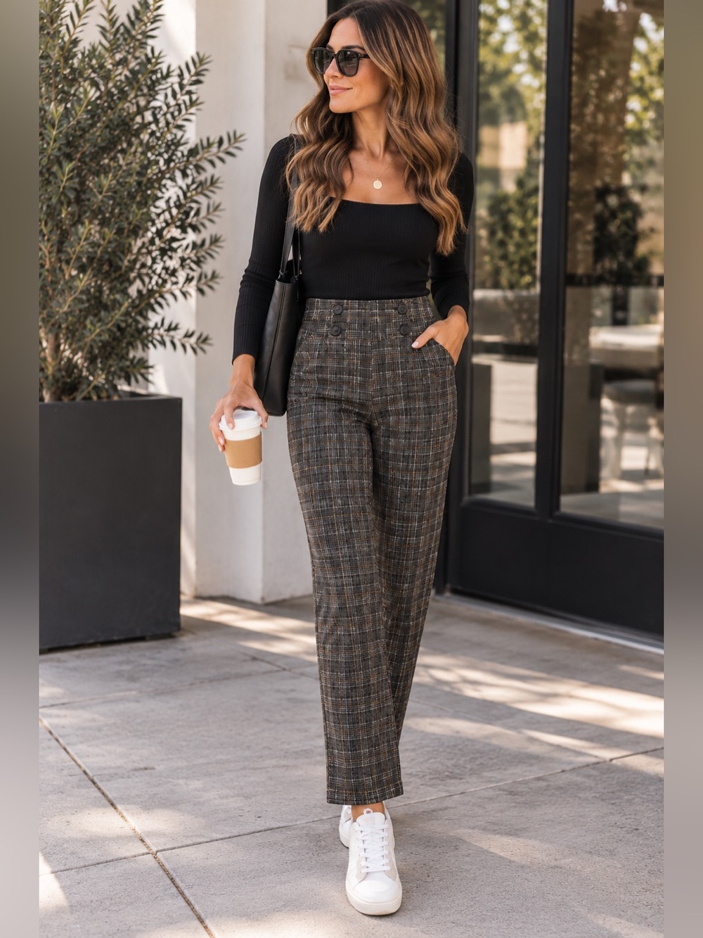 Max Studio Black and Brown Plaid Fabric double knit pants size S